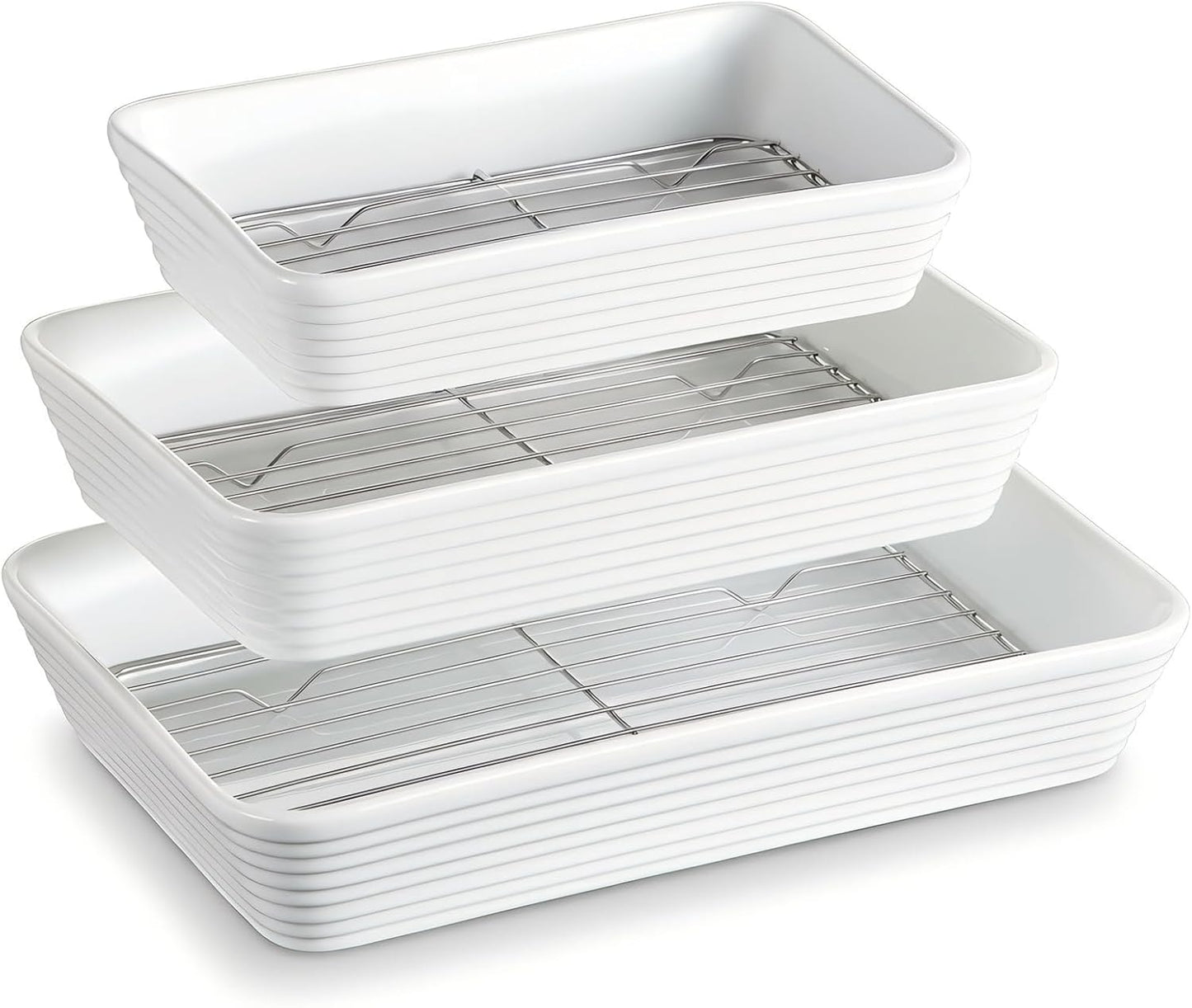 ONEMORE Baking Dishes Set - Large 9x13 Rectangular Ceramic Casserole Dishes with Roasting Racks | 3QT, 2.1QT, 1.3QT