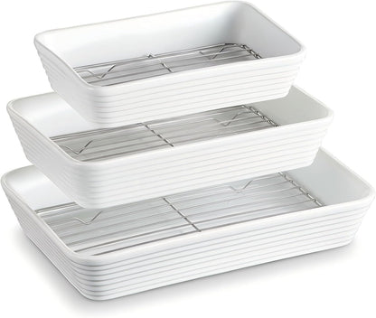 ONEMORE Baking Dishes Set - Large 9x13 Rectangular Ceramic Casserole Dishes with Roasting Racks | 3QT, 2.1QT, 1.3QT