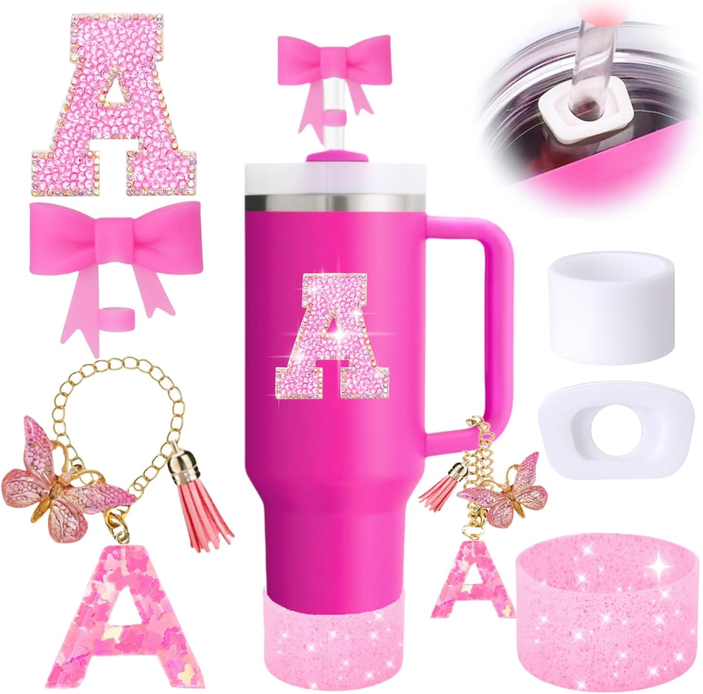 Stanley Cup Accessories Set - 6PCS Pink Initials Decorations for 30oz & 40oz Cups | Includes Bow Straw Topper, Handle Charm, Letter Sticker, Silicone Boot, Spill Proof Stopper (Letter A)