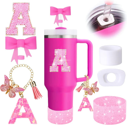 Stanley Cup Accessories Set - 6PCS Pink Initials Decorations for 30oz & 40oz Cups | Includes Bow Straw Topper, Handle Charm, Letter Sticker, Silicone Boot, Spill Proof Stopper (Letter A)