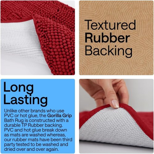 GORILLA GRIP Plush Shaggy Chenille Bath Rug Mat - Soft Microfiber, Oval Toilet Base, Machine Washable, Red