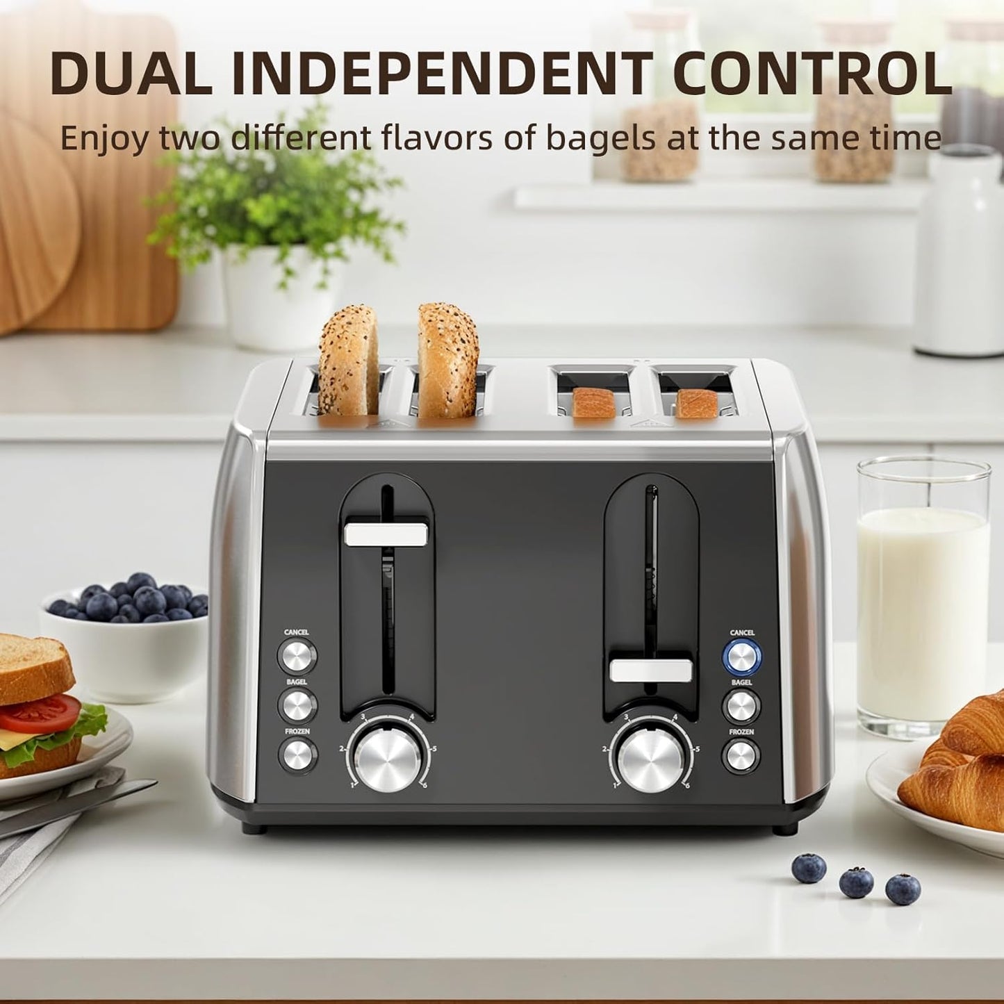 Skiennix 4-Slice Stainless Steel Toaster - 6 Browning Settings, Removable Crumb Tray, Perfect for Bagels & Waffles