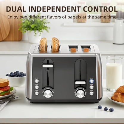 Skiennix 4-Slice Stainless Steel Toaster - 6 Browning Settings, Removable Crumb Tray, Perfect for Bagels & Waffles