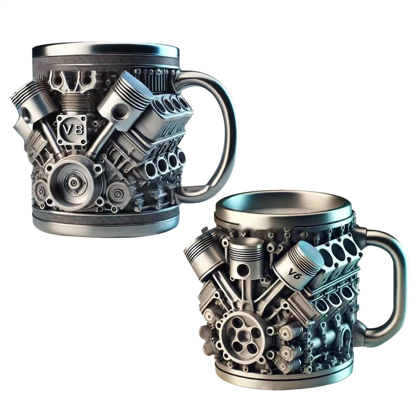 V6 V8 Engines Stainless Steel Cup, 2PCS V6 & V8 Engine Coffee Mug, Creative Car Engine Coffee Cup with Insulated Handle, 2025 Novelty Automobile Engine Coffee Mug, for Car Lovers Gift