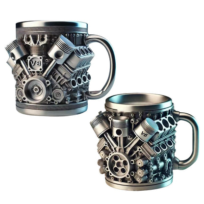 V6 V8 Engines Stainless Steel Cup, 2PCS V6 & V8 Engine Coffee Mug, Creative Car Engine Coffee Cup with Insulated Handle, 2025 Novelty Automobile Engine Coffee Mug, for Car Lovers Gift
