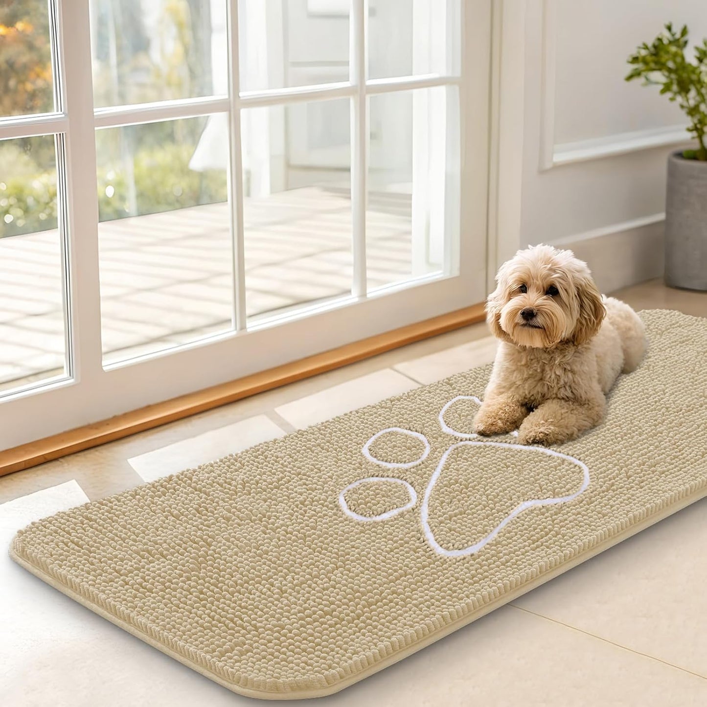 OLANLY Dog Door Mat - Absorbent Non-Slip Mud Mat for Paws | Quick Dry Chenille, 47x17, Beige