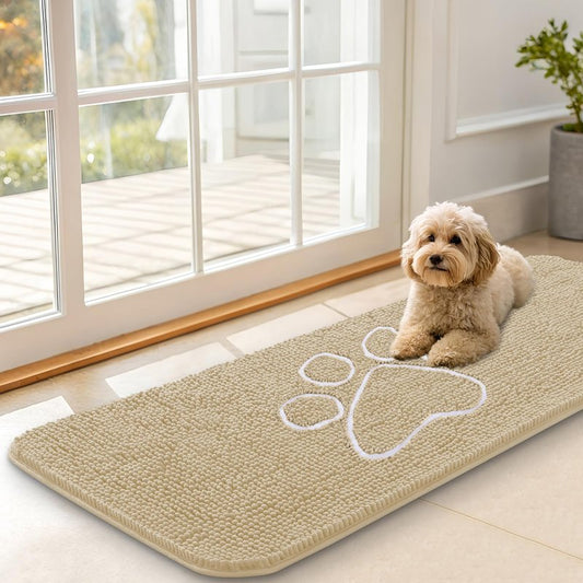 OLANLY Dog Door Mat for Muddy Paws 47x17, Paw Print Design, Absorbs Moisture and Dirt, Absorbent Non-Slip Washable Doormat, Quick Dry Chenille Mud Mat for Dogs, Entry Indoor Entryway Carpet, Beige