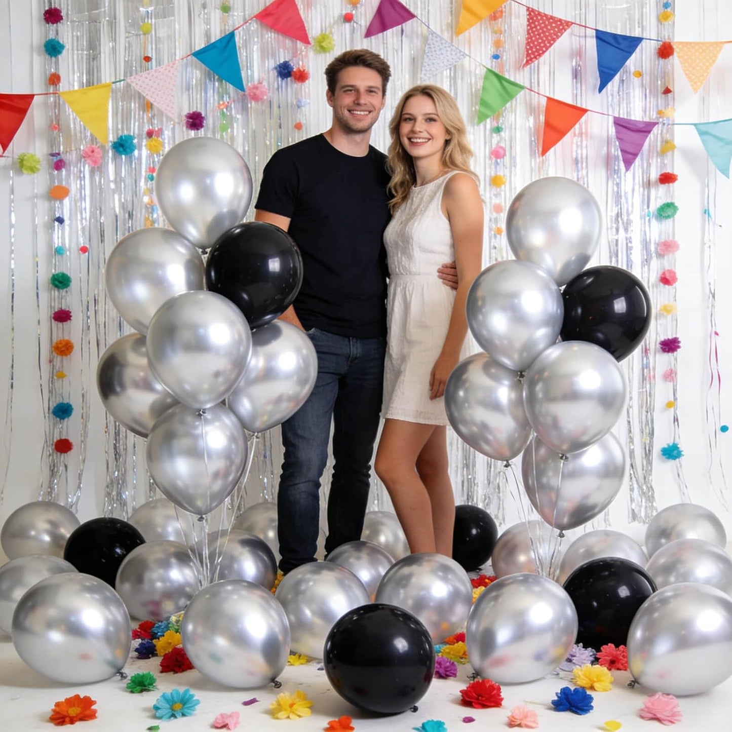 Metallic Silver Balloons by [Brand Name] - 12-Inch Latex Balloons for Birthday Party & Baby Shower | 110 Pack with Ribbons