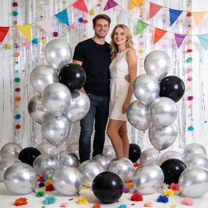 Metallic Silver Balloons by [Brand Name] - 12-Inch Latex Balloons for Birthday Party & Baby Shower | 110 Pack with Ribbons