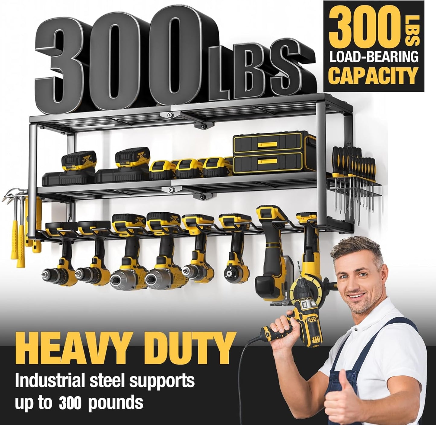 YYR Heavy Duty Power Tool Organizer - Wall Mount Cordless Drill Hanger with Charging Station | 32 Inch, 8 Slots for Garage & Workshop
