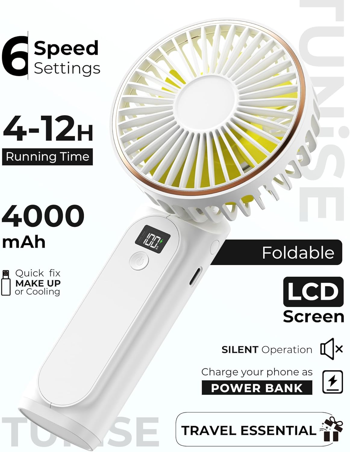 TUNISE Portable Handheld Fan - Rechargeable 4000mAh Battery | 180° Adjustable & 6 Speed Settings