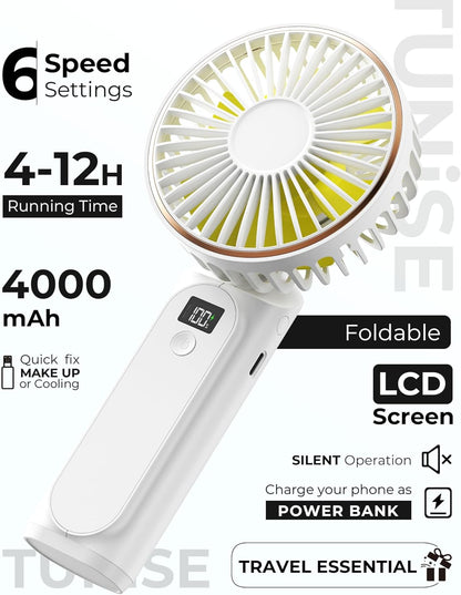 TUNISE Portable Handheld Fan - Rechargeable 4000mAh Battery | 180° Adjustable & 6 Speed Settings