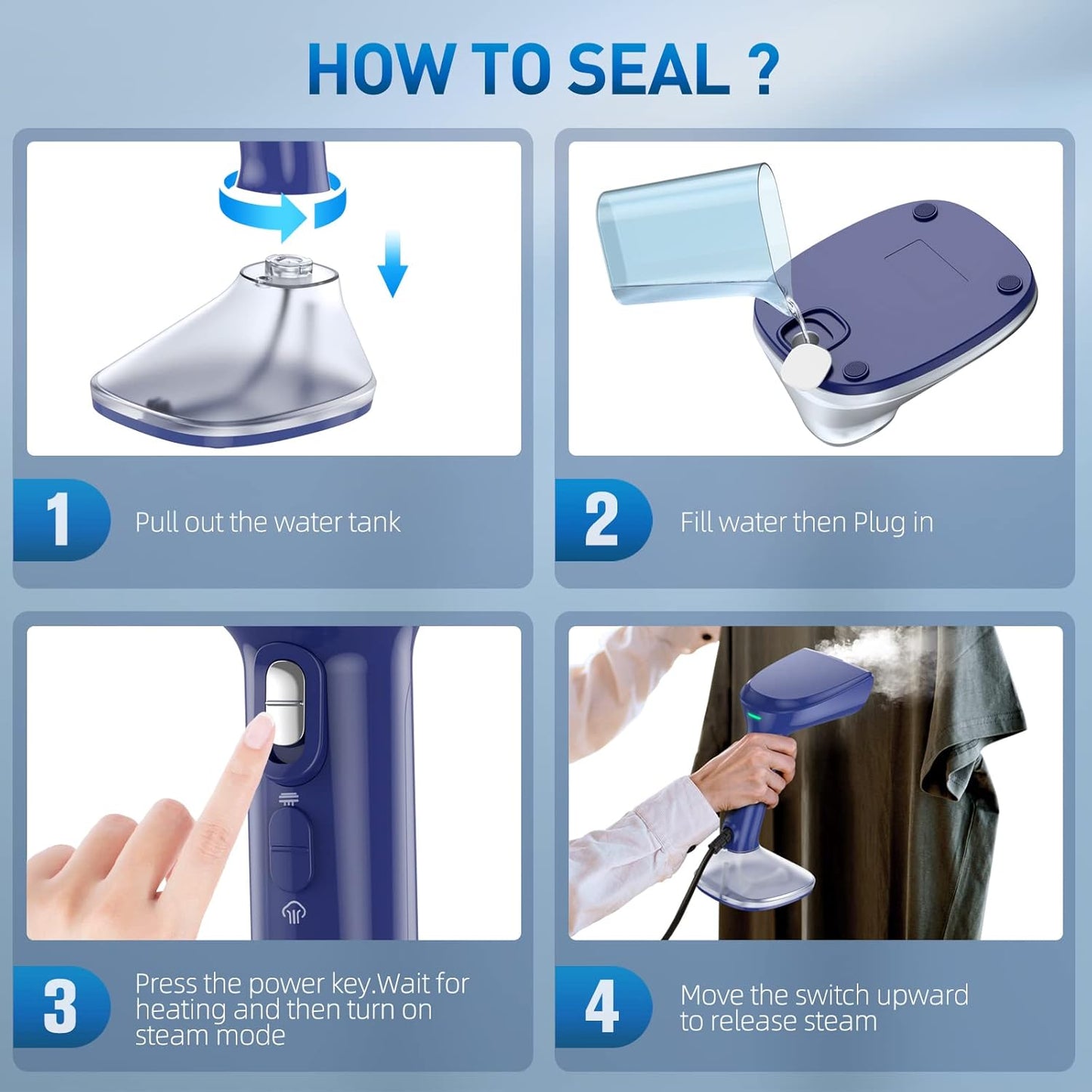 Skiennix Steamer for Clothes - 1800W Powerful Steam, Fast 20-Second Heat-Up, Detachable Tank - Blue