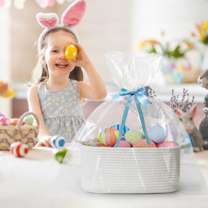 WILLITAT Cute White Woven Basket, Empty Gift Basket for Christmas, Thanksgiving, Easter, Birthday, Cotton Rope Storage Bin with Handle for Gifts, Toy, Blanket, Cat Dog Toy Box, Baby Nursery Organizer
