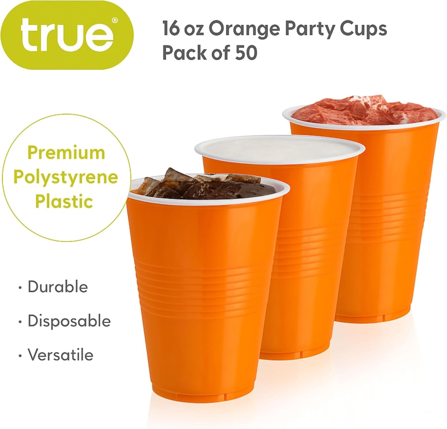 True Plastic Cups - 16 oz Disposable Cocktail & Soda Cups | Set of 50 in Vibrant Orange for Parties & Events