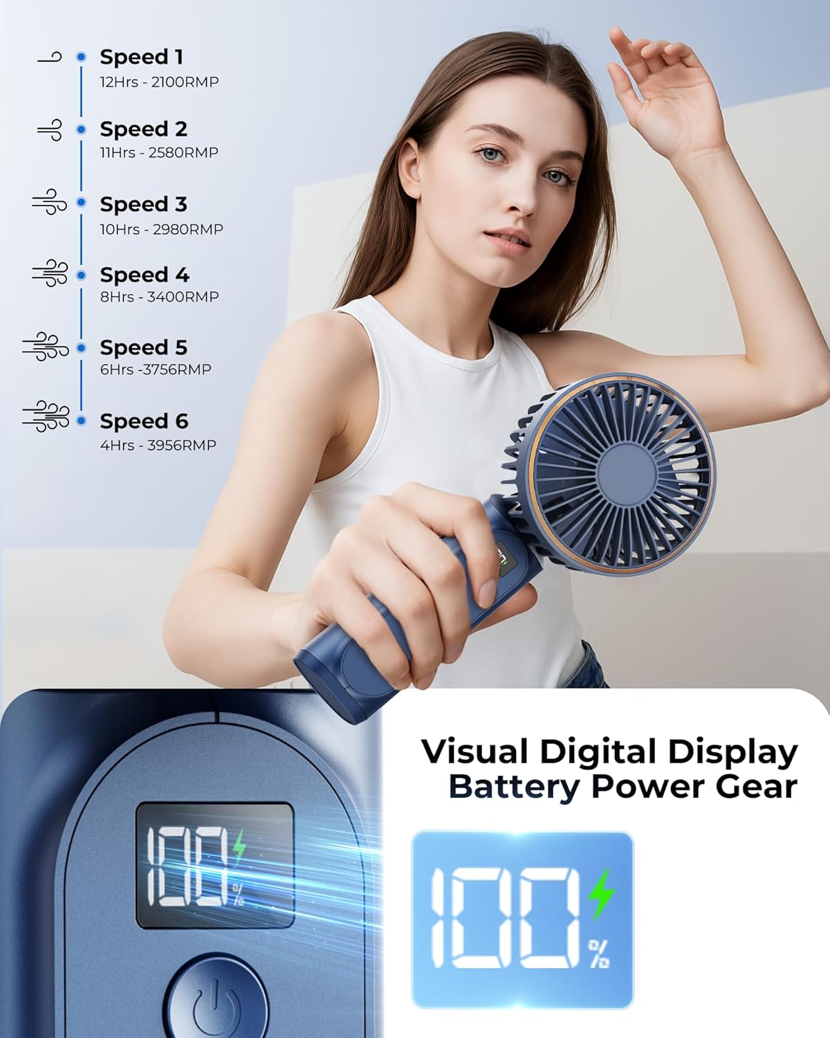 TUNISE Portable Handheld Fan - Rechargeable 4000mAh Battery | 180° Adjustable, 6-Speed, Quiet Design