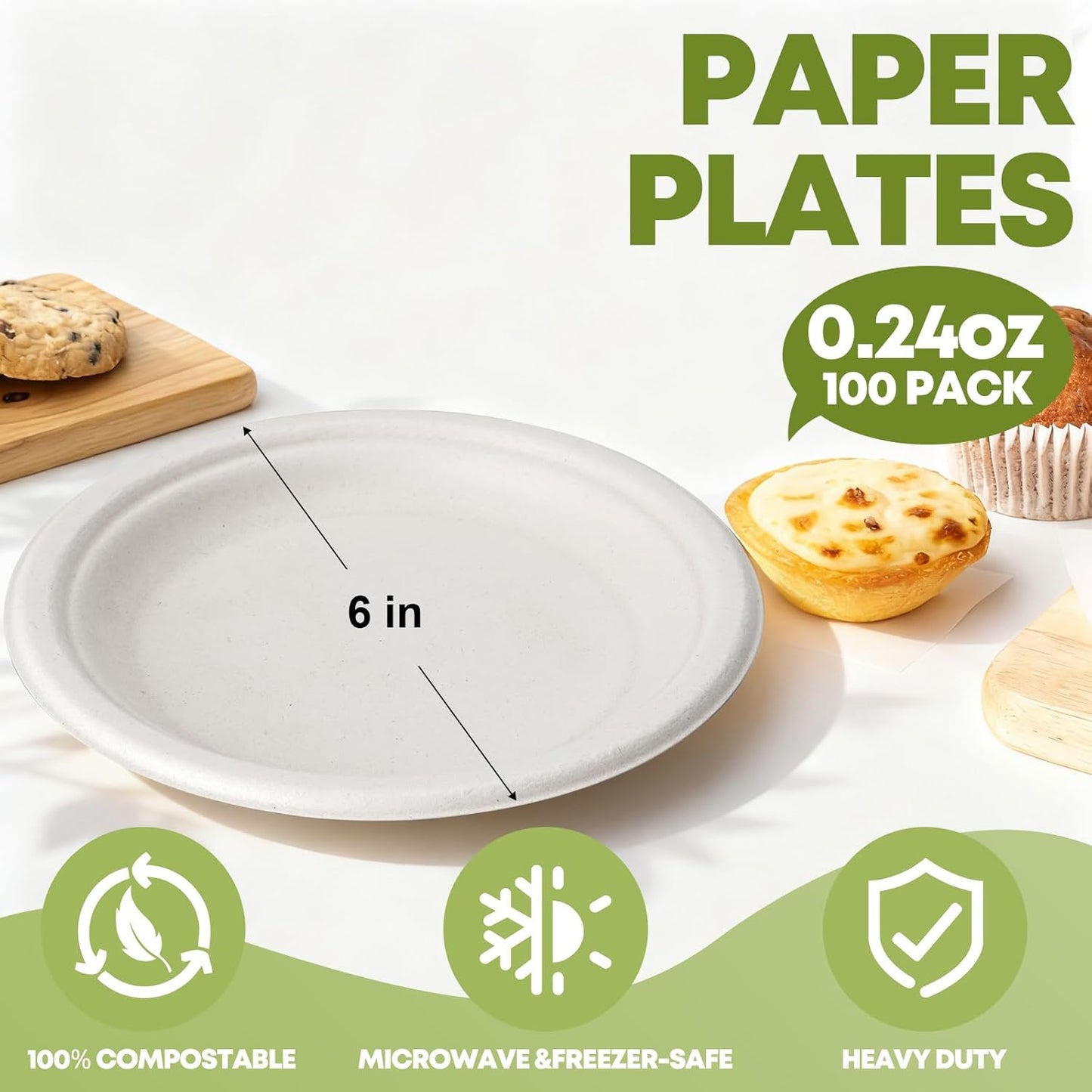 W&Y 100 Pack Heavy-Duty 6-Inch Disposable Paper Plates - Compostable, Microwave-Safe & Leak-Proof