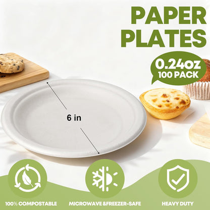 W&Y 100 Pack Heavy-Duty 6-Inch Disposable Paper Plates - Compostable, Microwave-Safe & Leak-Proof