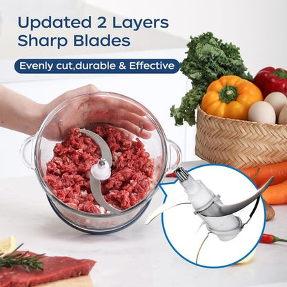 La Reveuse Food Processor - 7-Cup Electric Chopper with 4 Bi-Level Blades | 300W, Blue Glass Bowl
