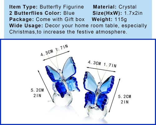 Kanpura Crystal Butterfly Figurines - 2 Pack Blue Glass Collectibles for Home Decor | Perfect Gift for Women