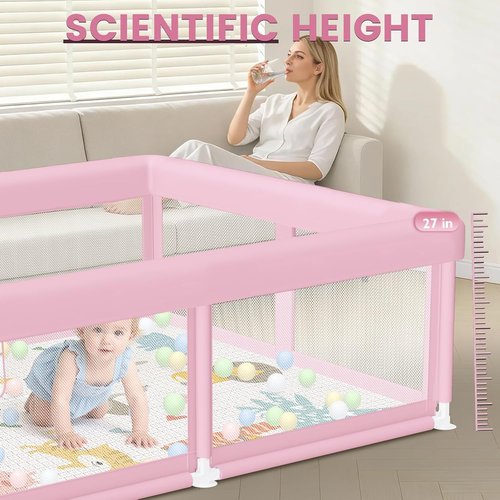 Hiaksedt Large Baby Playpen - Safe & Soft 50"x50" Playpen with Zipper Gates | Pink for Babies & Toddlers