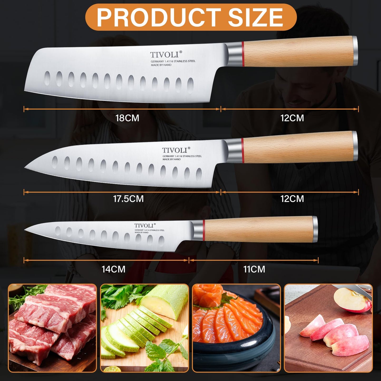 TIVOLI Kitchen Knife Set,3PC Professional Chef Knife Set Stainless Steel Japanese Knives Set for Kitchen Sharp Blade with Wooden Handle Cooking Knife, Nakiri Knife, Chef Knife, Paring Knife
