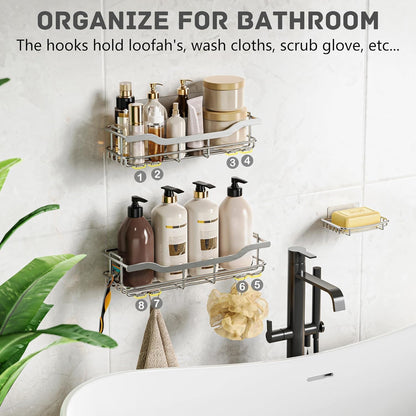 OMAIRA Shower Caddy - 3-Pack Rustproof No-Drill Organizer with Soap Holder for Smooth Walls | Silver