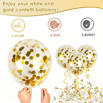 Skiennix White and Gold Confetti Balloons - 50pcs 12-Inch Metallic Latex for Birthday & Wedding Decor