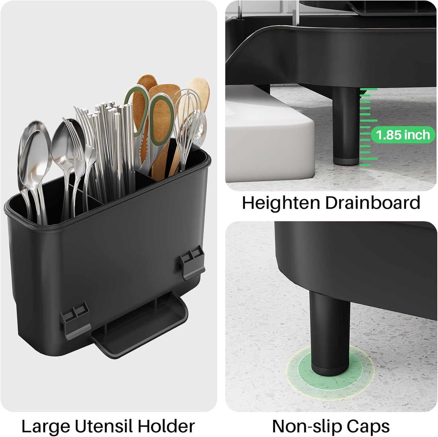 SAYZH Dish Drying Rack - Expandable Rust-Resistant Kitchen Organizer with Utensil Holder | Black