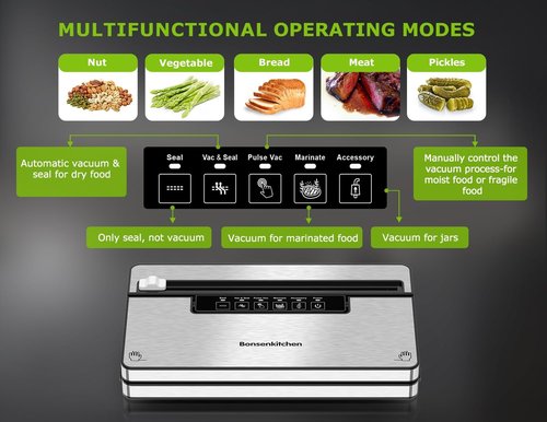 Bonsenkitchen Vacuum Sealer - Stainless Steel Food Sealer with 5 Modes & Built-in Cutter | Silver Black