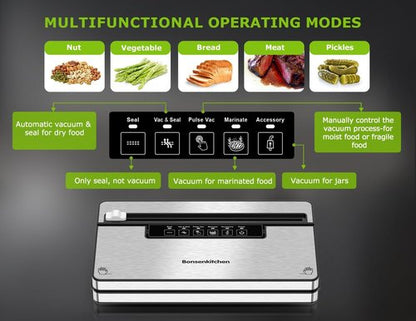 Bonsenkitchen Vacuum Sealer Machine - Stainless Steel Food Sealer with 5 Modes & Built-in Cutter | Silver Black