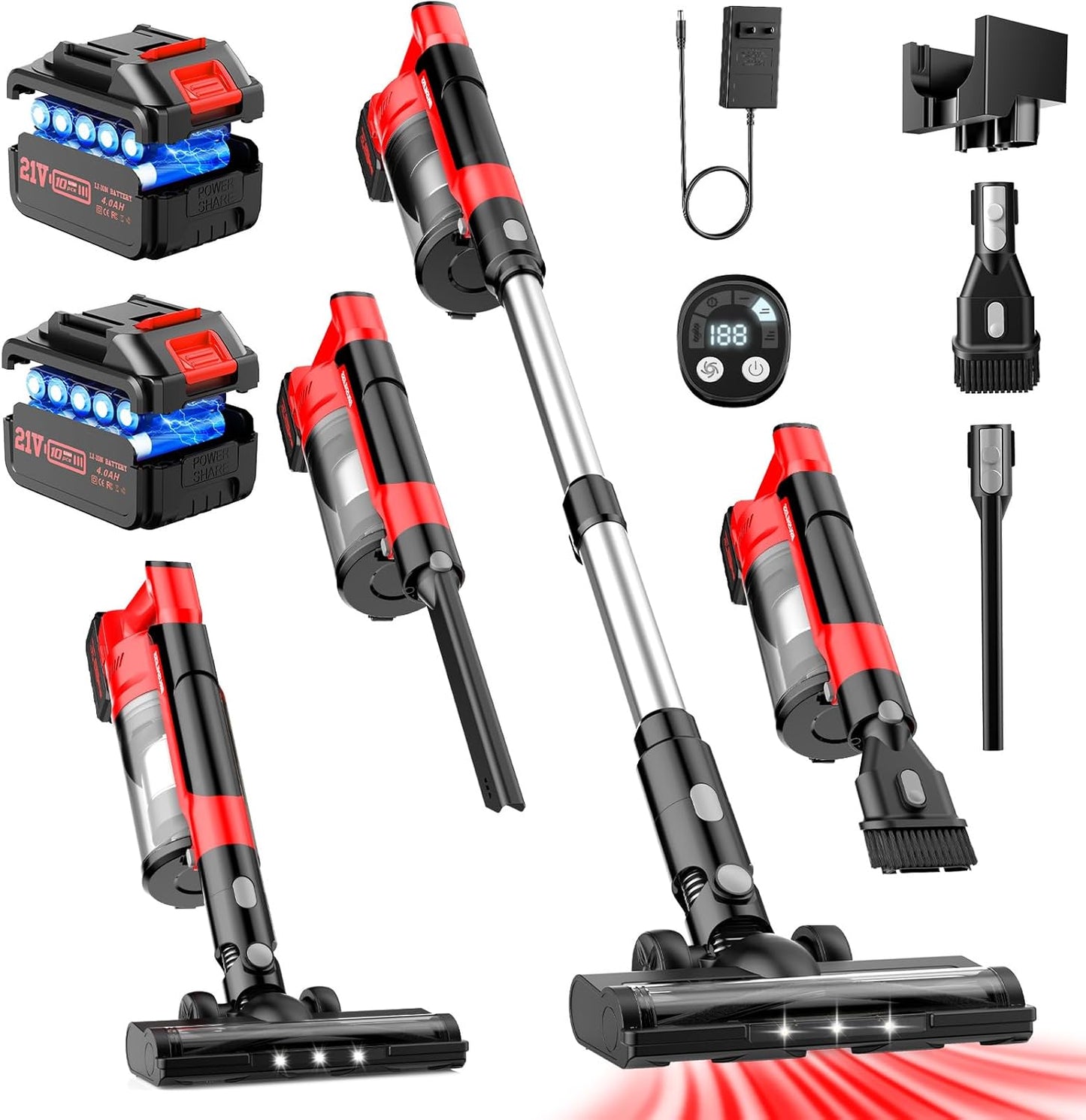 Skiennix Cordless Vacuum Cleaner - 8000mAh Battery, 6-in-1 Handheld & Stick Design for Pet Hair & Hardwood Floors (Red)