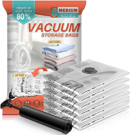 Skiennix Vacuum Storage Bags - Space Saver Compression for Comforters & Blankets | 6 Medium Bags with Hand Pump