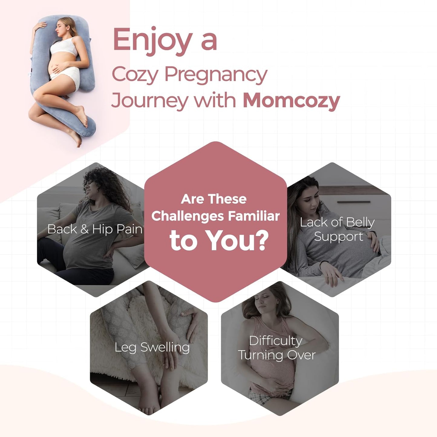 Momcozy Pregnancy Pillow - Dreamlign U Pro Maternity Pillow with Adjustable Leg Support | 50-72 Inch Full Body Comfort for Pregnant Women