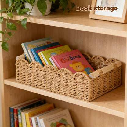 Paper Rope Scalloped Edge Toilet Paper Storage Basket - Small Living Room & Bedroom Decor with 2 Wooden Handles