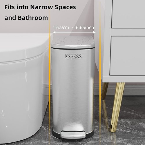 KSSKSS Slim Bathroom Trash Can - 2.6 Gallon Stainless Steel with Soft Close Lid | Removable Liner, Silver