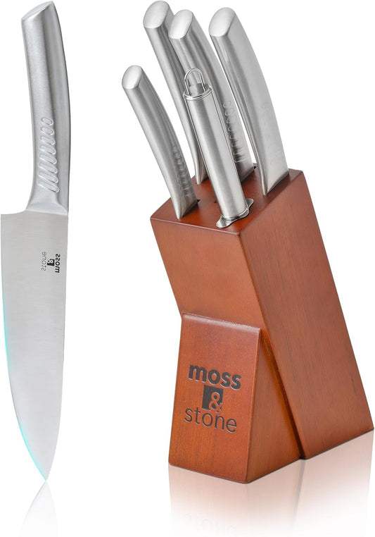 Moss & Stone Professional Kitchen Knife Set - 6-Piece Stainless Steel Chef Knives with Block | Scratch Resistant & Rust Proof