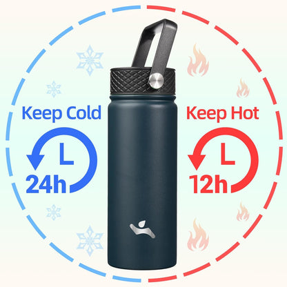 Skiennix 18 oz Insulated Stainless Steel Water Bottle - Durable Sport Bottle with 3 Lids | Navy Blue