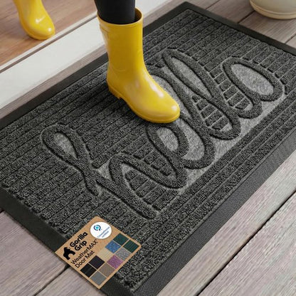 GORILLA GRIP 100% Waterproof All-Season WeatherMAX Doormat 35x23, US Designed Natural Rubber, Stain and Fade Resistant, Low Profile Indoor Outdoor Door Mats, Easy Clean Patio Mat, Charcoal Hello