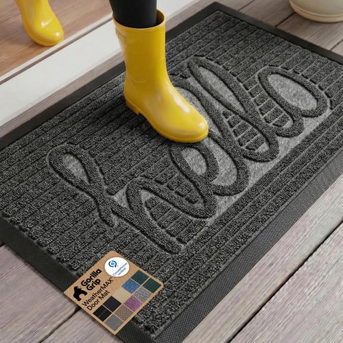 GORILLA GRIP 100% Waterproof All-Season WeatherMAX Doormat 35x23, US Designed Natural Rubber, Stain and Fade Resistant, Low Profile Indoor Outdoor Door Mats, Easy Clean Patio Mat, Charcoal Hello