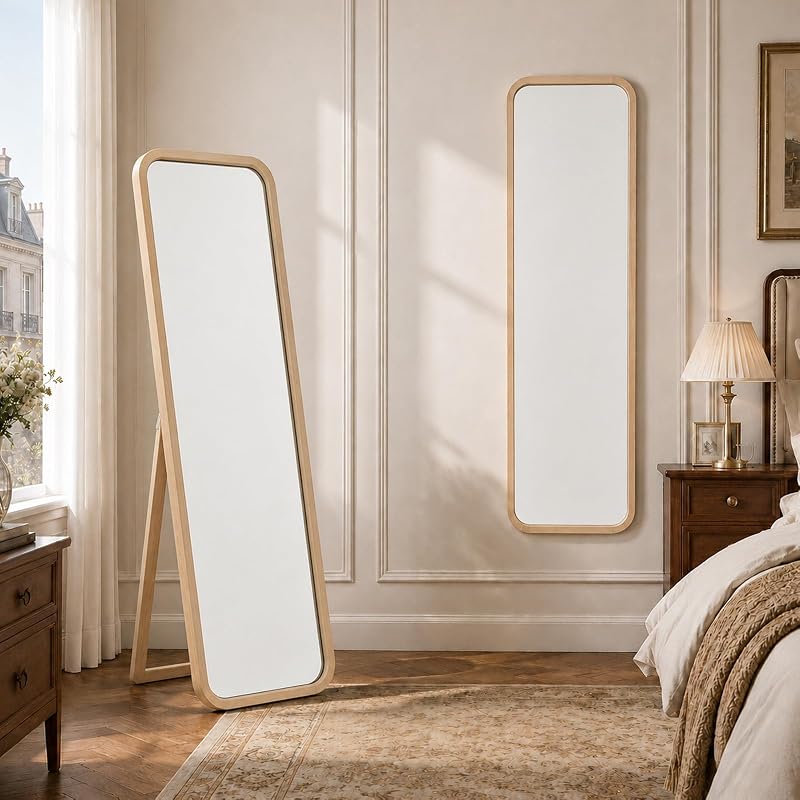 Oak Full Length Mirror with Stand 18" x 63" - Natural Wood Framed Floor Mirror