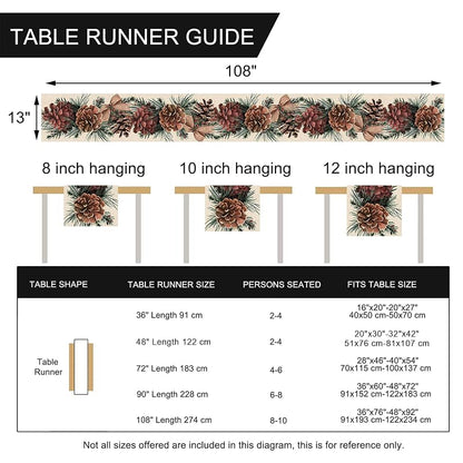 Winter Pine Cone Table Runner 13"x108" with Pine Needle, Red Berry & Bow - Seliem (Variation: Winter-pine Cone+Table Runner 13''X108'')