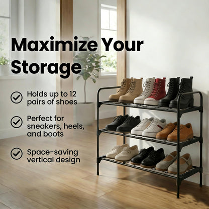 Tujurich 3-Tler Shoe Rack Organlzer, Rustproof lron, Spaclous Shoe Storage Shelf for Closet or Entryway, Fits Sneakers & Slippers, Black