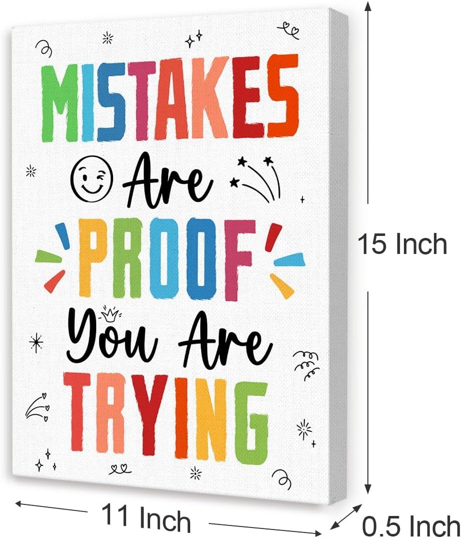 Skiennix Inspirational Wall Art - "Mistakes Are Proof You Are Trying" Canvas Decor for Therapy & Classroom | Motivational Design