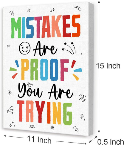 Skiennix Inspirational Wall Art - "Mistakes Are Proof You Are Trying" Canvas Decor for Therapy & Classroom | Motivational Design