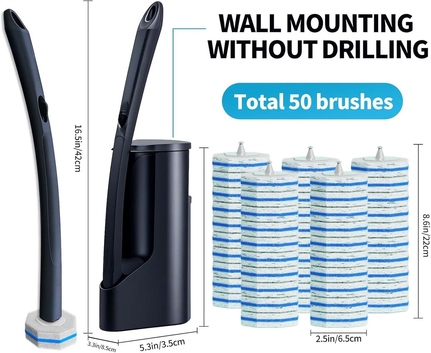 Skiennix Disposable Toilet Brush Set - 50 Cleaner Refills & Wall Mounted Holder | Bathroom Cleaning Kit