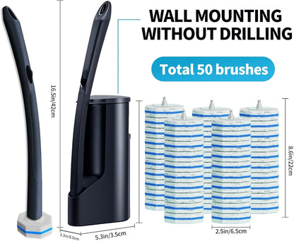 Skiennix Disposable Toilet Brush Set - 50 Cleaner Refills & Wall Mounted Holder | Bathroom Cleaning Kit