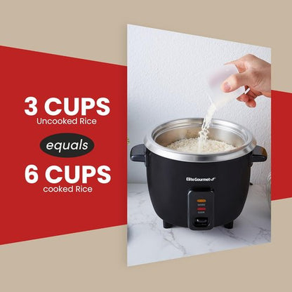 Elite Gourmet Electric Rice Cooker - Automatic Keep Warm Feature, 6 Cups Cooked, Black