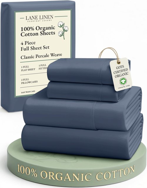 LANE LINEN Eco Friendly 100% Organic Cotton Fully Elasticized Full Sheet Set, Low Pilling Fade Resistant Machine Washable Naturally Cooling Full Bed Sheets, Soft & Comfy Cotton Bedding - Estate Blue
