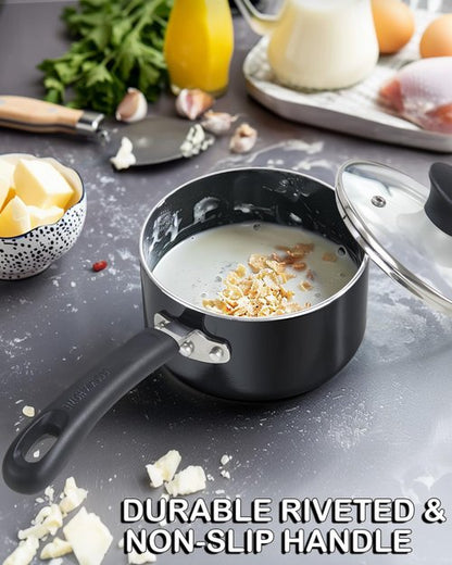 Cook N Home Nonstick Sauce Pan Set 1Qt and 2Qt, Multi-purpose Pots Set Saucepan Kitchenware with Glass Lid, Black, Aluminum